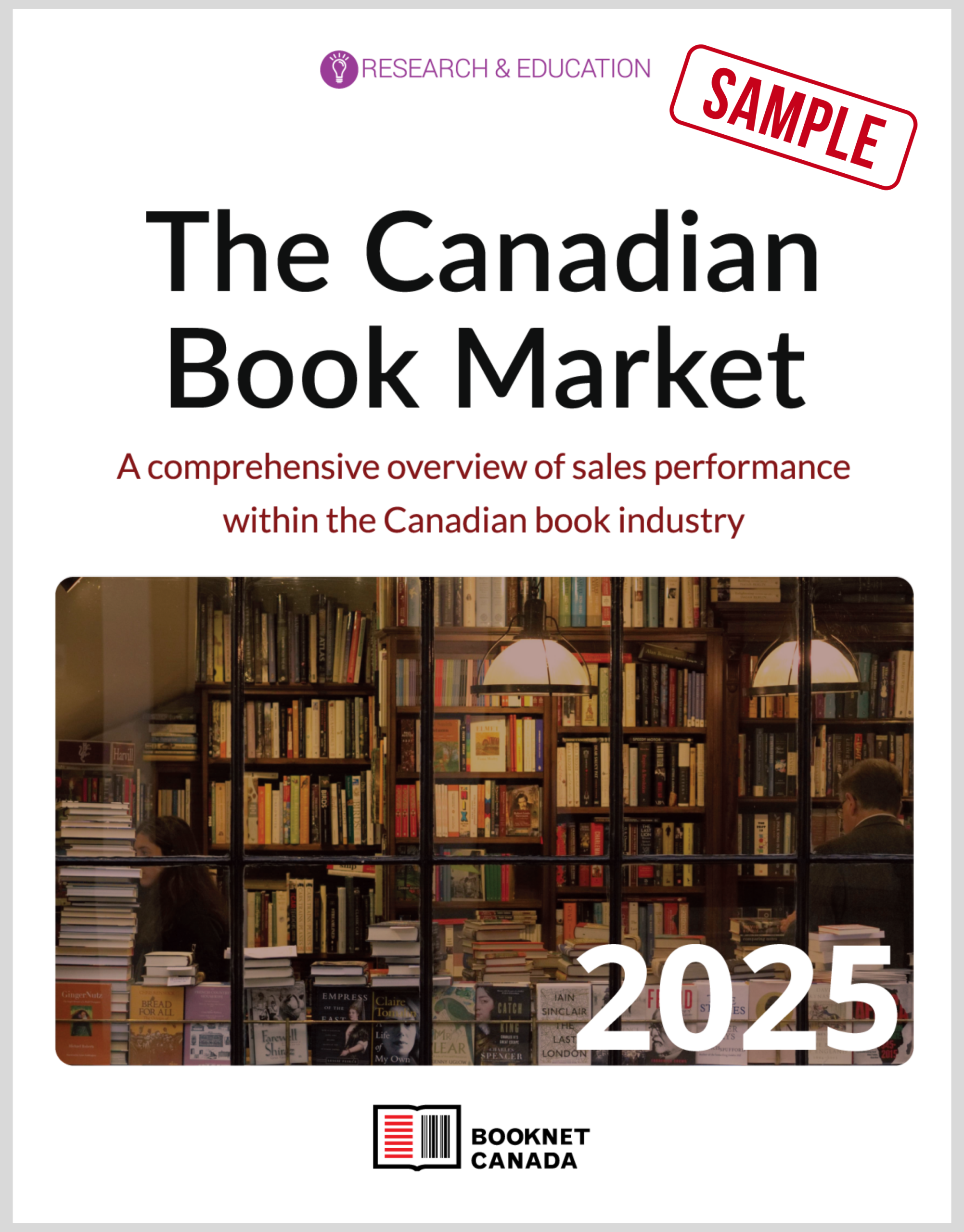Cover of The Canadian Book Market 2025. A study prepared by BookNet Canada. Has a red stamp that says "sample".
