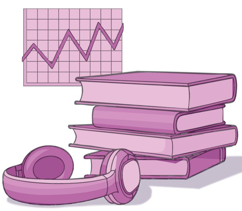 Decorative image: Illustration of a stack of books next to a headphones set. There's a floating line graph in the background.