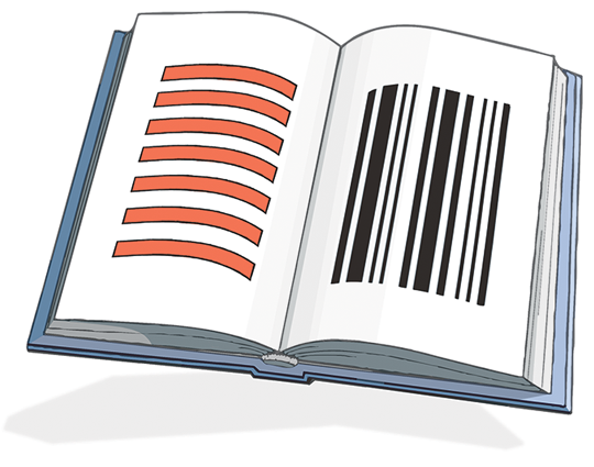 Illustration of an open book, on the left side it has horizontal red lines, on the right side it has vertical black lines similar to the lines used in barcodes