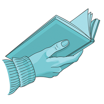 Illustration of a person's hand holding an open book