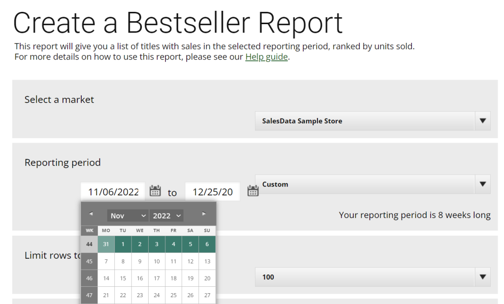 Screenshot showing how to pull reporting period in a Bestseller Report