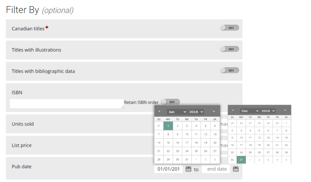 Screenshot showing how to use the pub date filter on SalesData