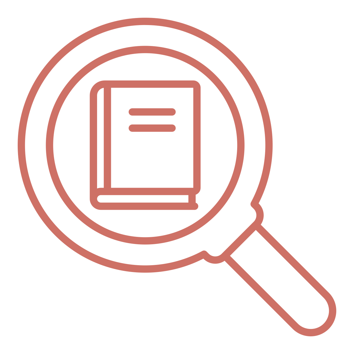 Icon featuring a magnifying glass with a book