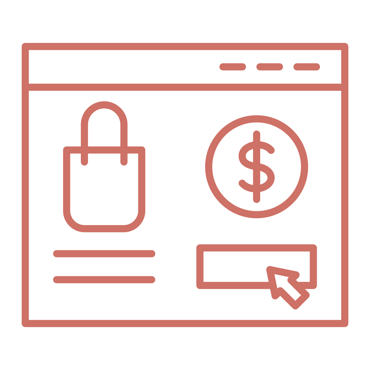 Online shopping icon featuring a browser window with a shopping bag and a dollar sign