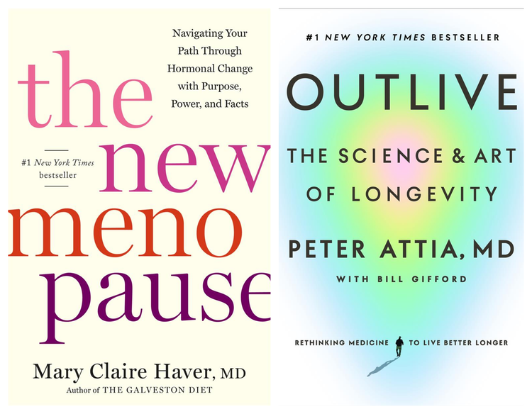Book Cover Collage: The New Menopause by Mary Claire Haver and Outlive by Peter Attia & Bill Gifford.