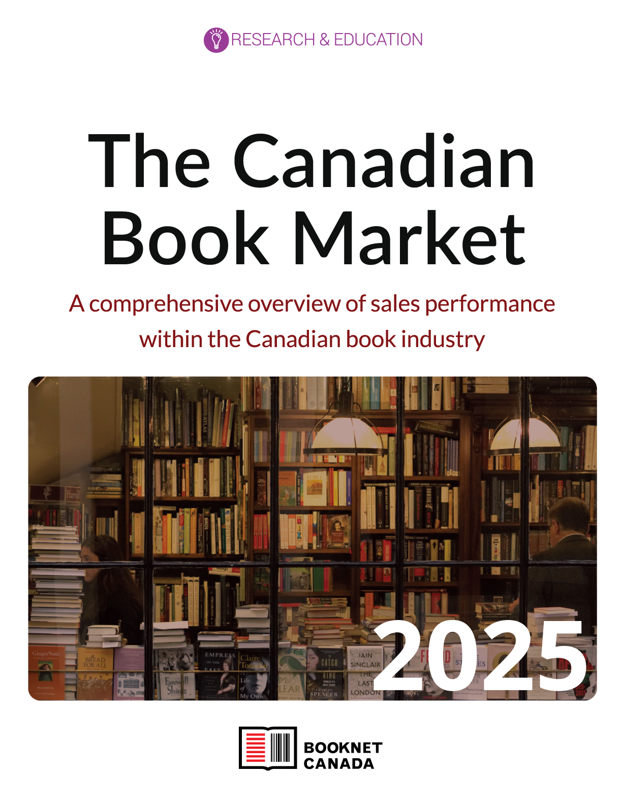 Cover of The Canadian Book Market 2025. A study prepared by BookNet Canada. Has a red stamp that says "sample".