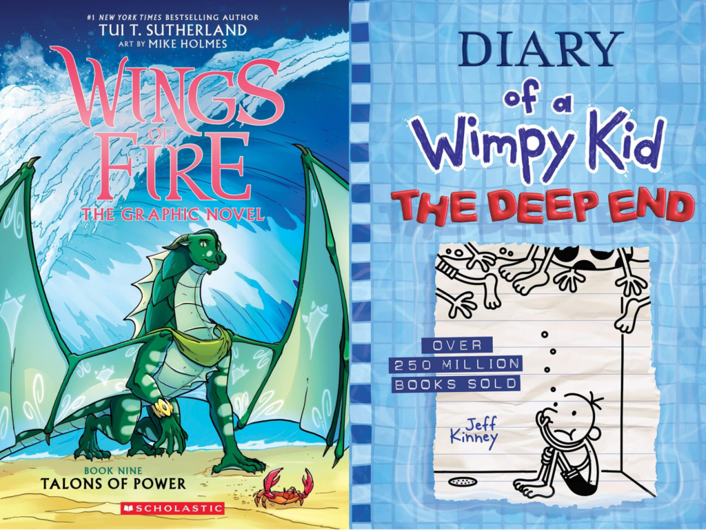Covers of Talons of Power: a Graphic Novel by Tui T. Sutherland & Mike Holmes and The Deep End by Jeff Kinney