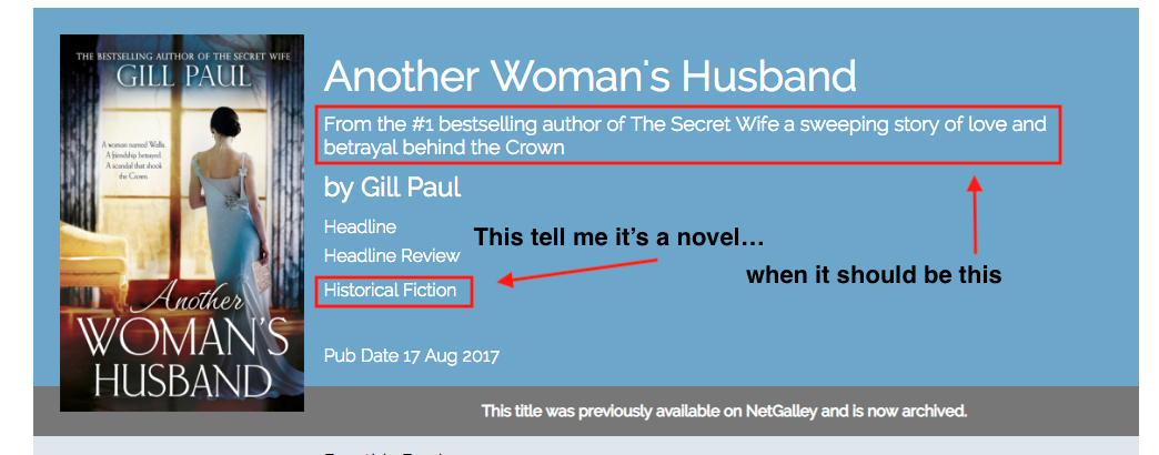 Another Woman's Husband: From the #1 bestselling author of The Secret Wife a sweeping story of love and betrayal behind the Crown. The category of the book, historical fiction, tells us it’s a novel, when it should be the subtitle that does that work.