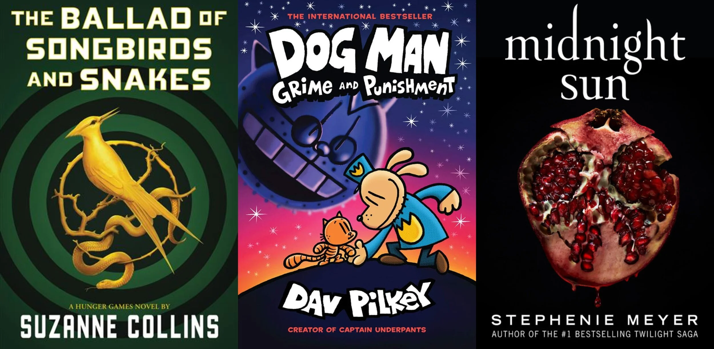 Book covers for The Ballad of Songbirds and Snakes by Suzanne Collins, Grime and Punishment by Dav Pilkey, and Midnight Sun by Stephenie Meyer