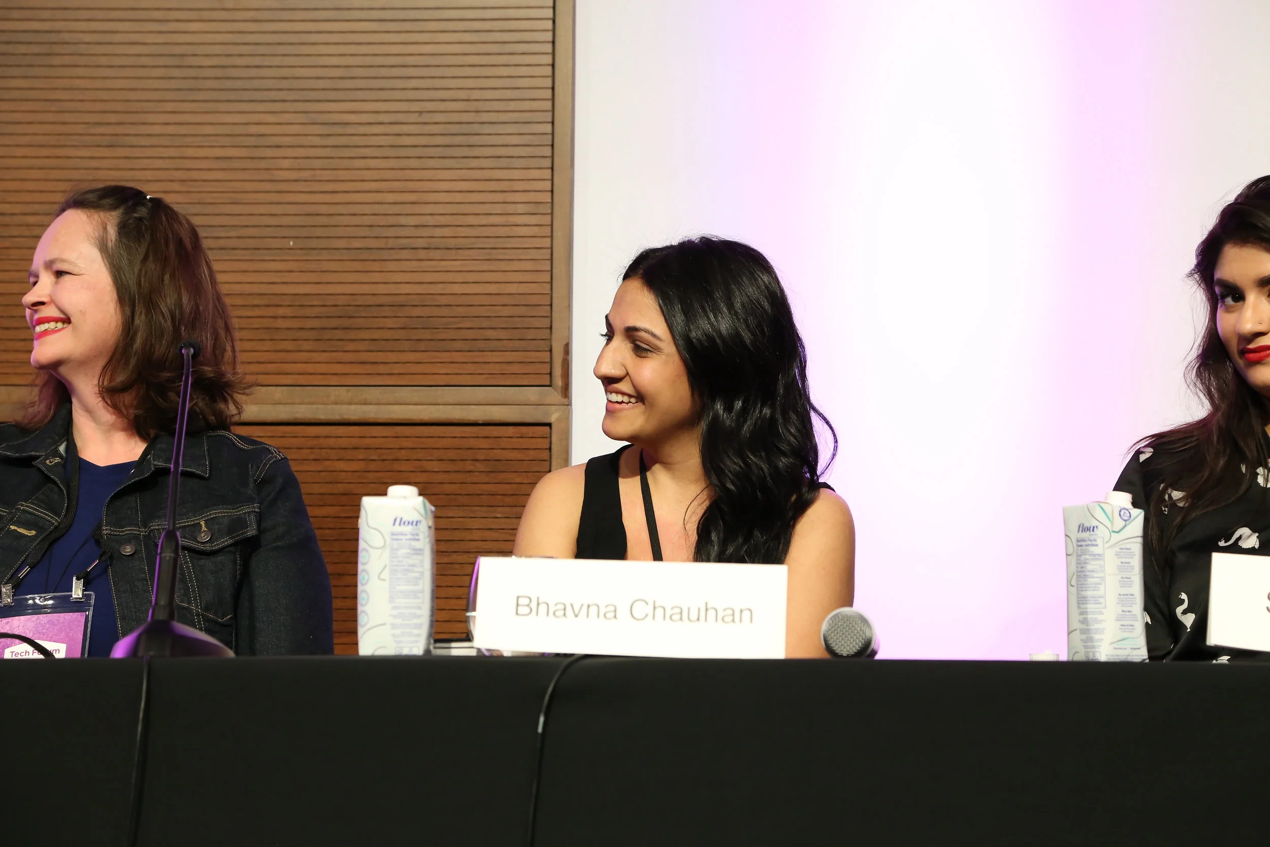   Saffron Beckwith (Ampersand), Bhavna Chauhan (Penguin Random House Canada), and Scaachi Koul (BuzzFeed) at Tech Forum 2018's Women in Publishing panel.  