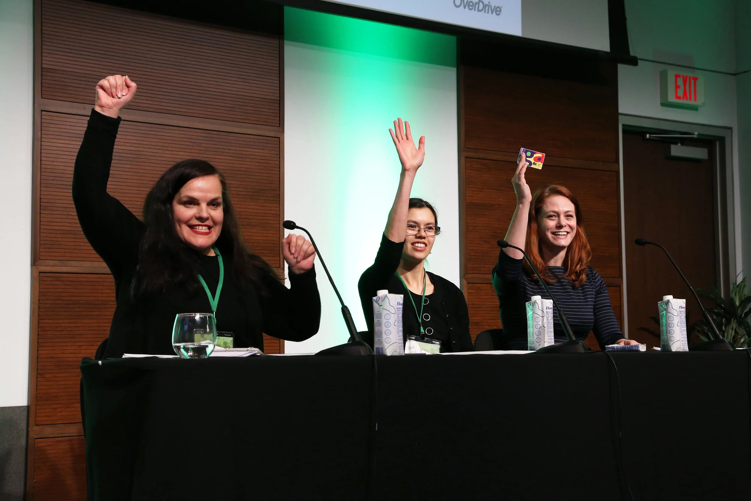   Maria Cipriano (Toronto Public Library), Teresa Elsey (Houghton Mifflin Harcourt), and Rose Donohoo (OverDrive) at ebookcraft 2018's Oh, the Places Ebooks Go panel.  