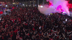  Gif showing crowd reaction in the Jurrassic Park, the fan area outside Scotiabank Arena in  Toronto . 
