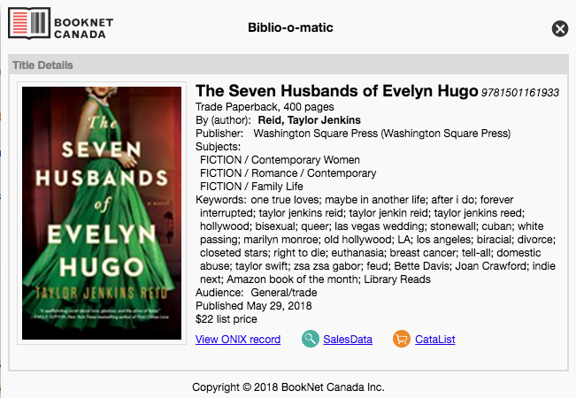   The Seven Husbands of Evelyn Hugo  by Taylor Jenkins Reid on  Biblio-o-matic . 