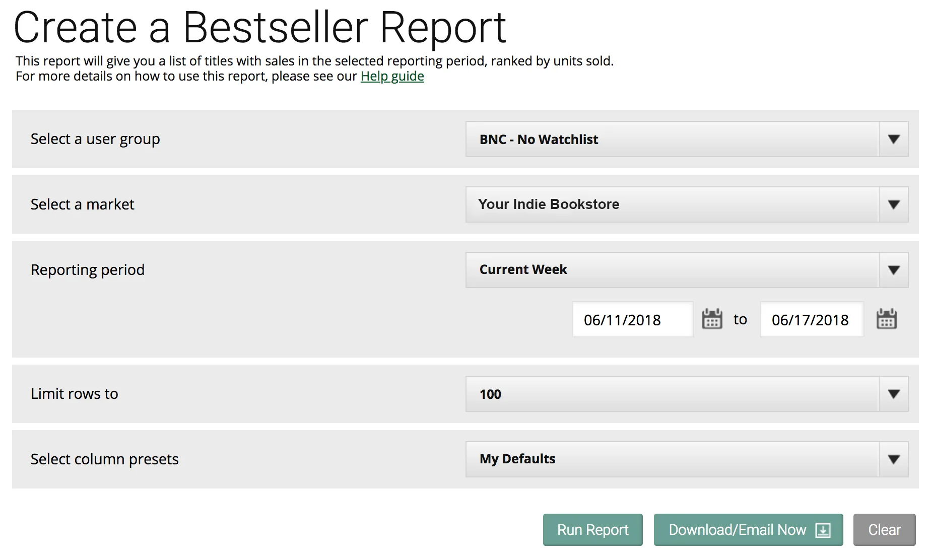   Criteria for running a 'Bestseller Report'  