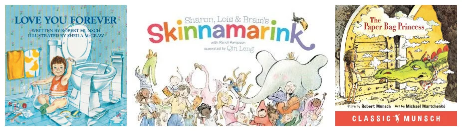  Cover images for Love You Forever, Skinnamarink, and The Paper Bag Princess 