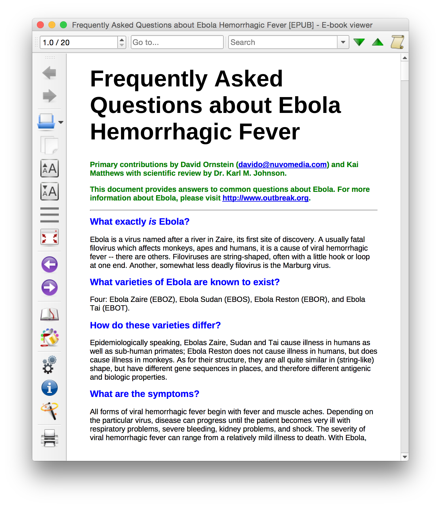  Screenshot of the first OEB ebook, displayed in Calibre. 