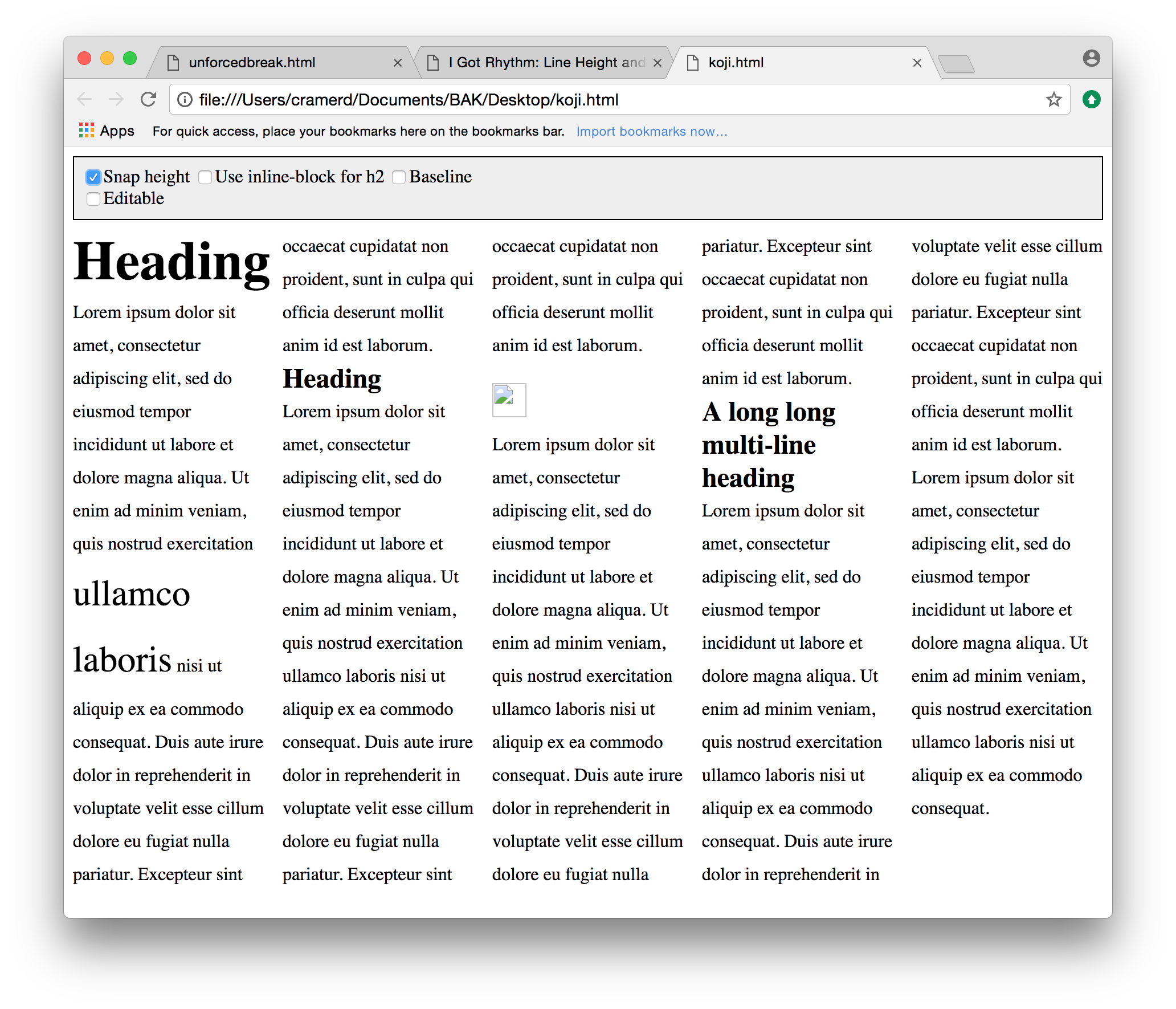 Example 7: multi-column text with heads and images, aligned