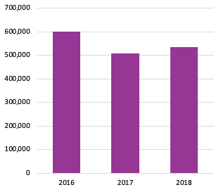  Graph showing annual sales performance. Approx. 600,000 units in 2016, approx. 500,000 units in 2017, and approx. 520,000 in 2018. 