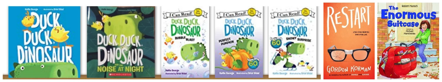  Cover images for the Duck Duck Dinosaur series, Restart, and The Enormous Suitcase 
