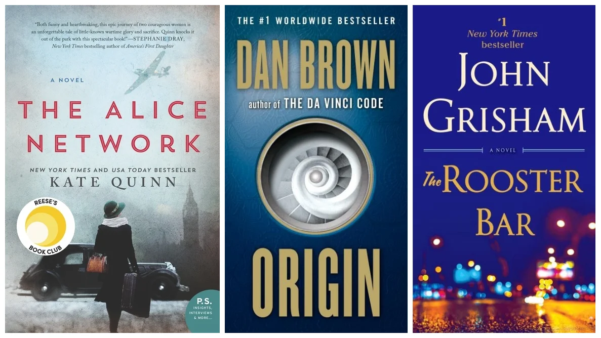  Cover images for The Alice Network, Origin, and The Rooster Bar. 
