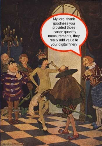  Based on the Emperor's New Clothes - a servant says to the Emperor “My lord, thank goodness you provided those carton quality measurements, they really add value to your digital finery” 
