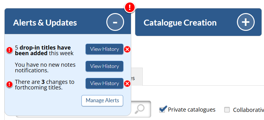Screenshot of Alerts & Updates tab in CataList.