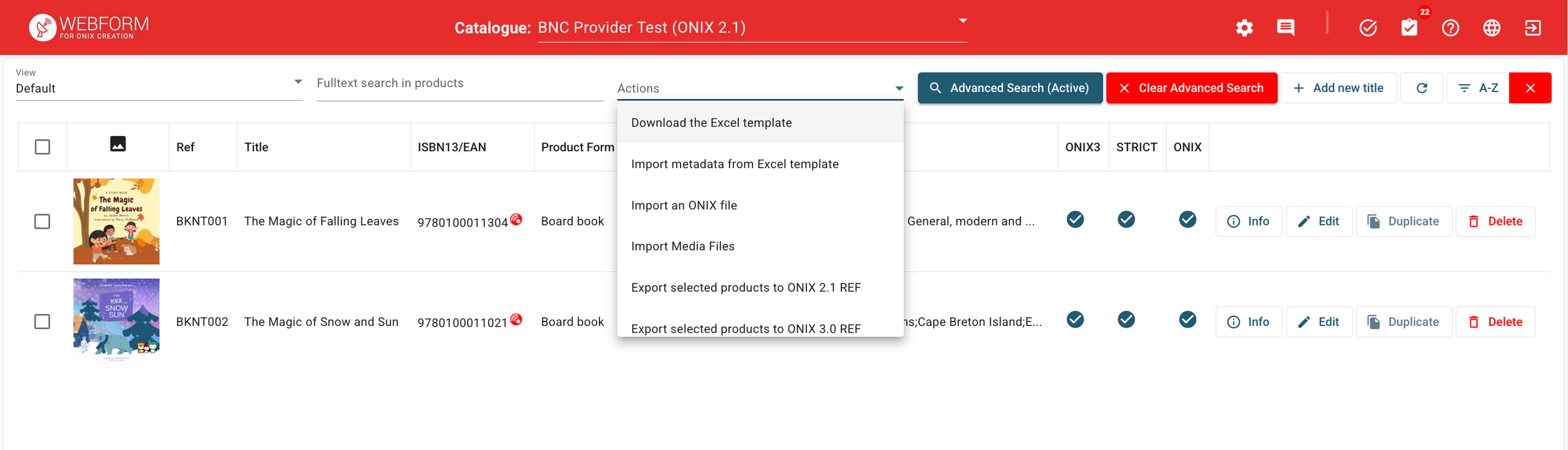 Screenshot of the Actions dropdown menu in the catalogue manager.