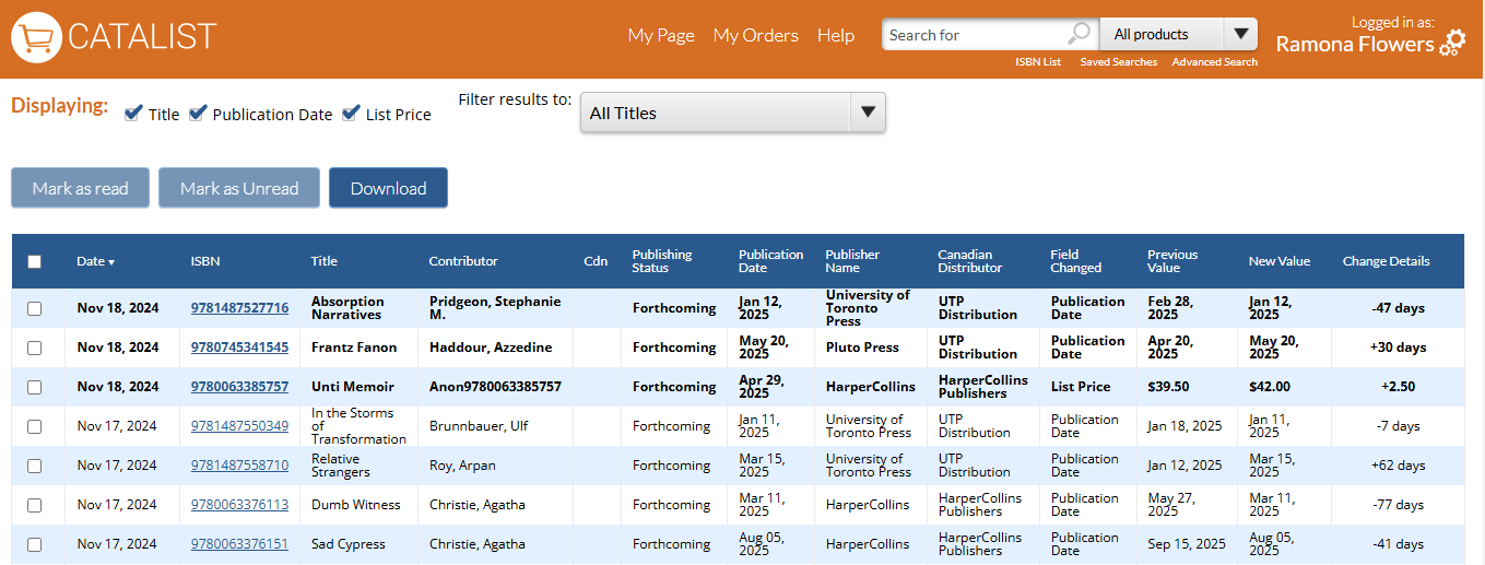 Screenshot of the change history report in CataList.