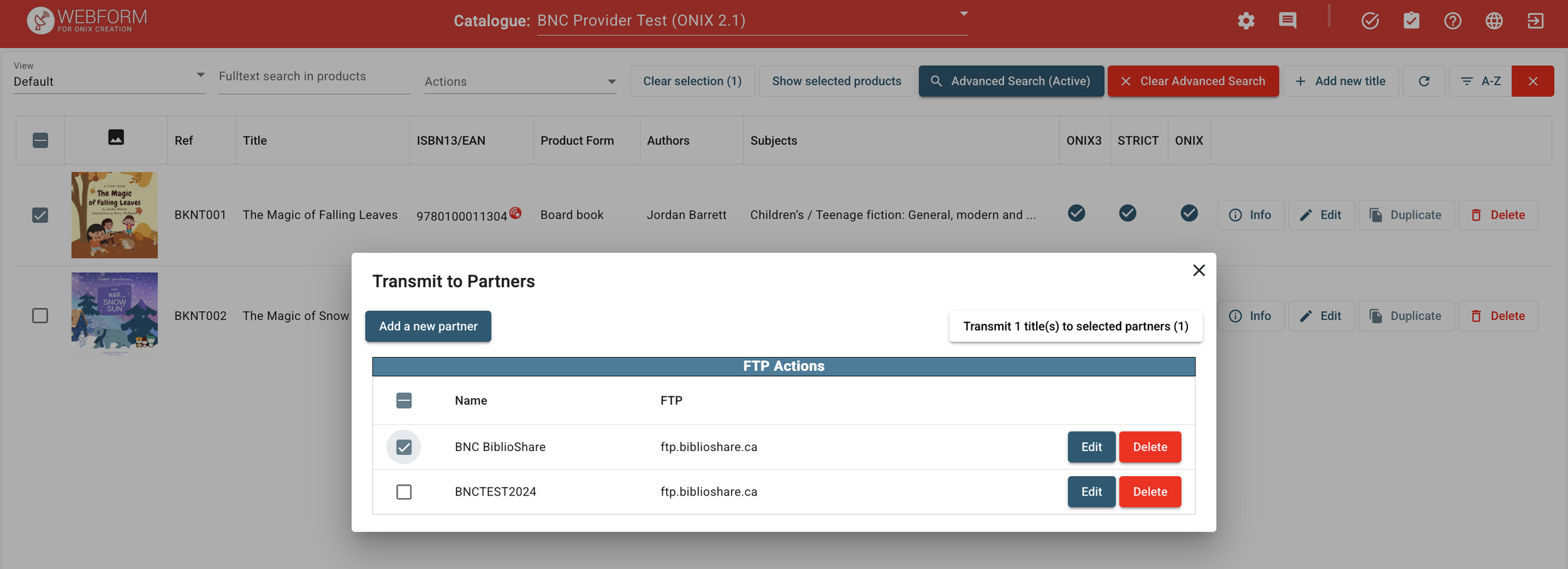Screenshot of the Transmit [ONIX] to partners.