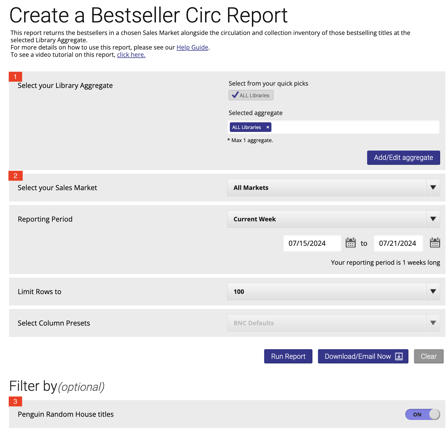 Screenshot showing the steps of pulling a basic Bestseller Circ report.