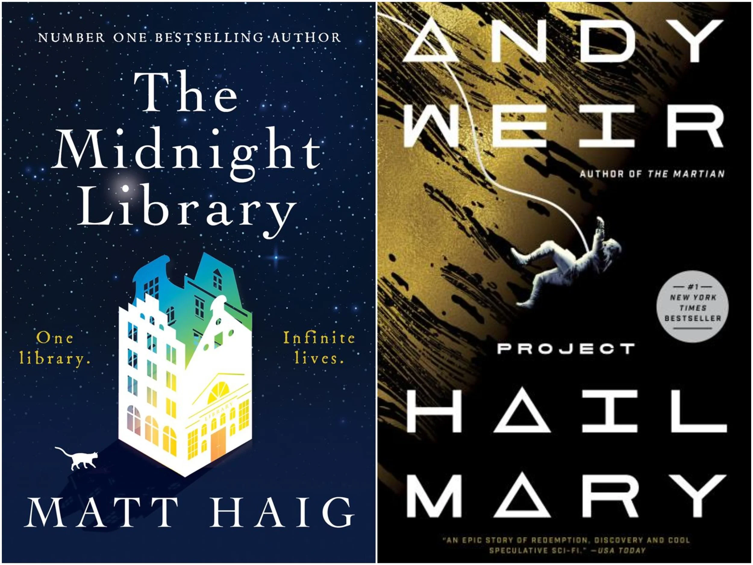 Collage of book covers: The Midnight Library by Matt Haig and Project Hail Mary by Andy Weir.