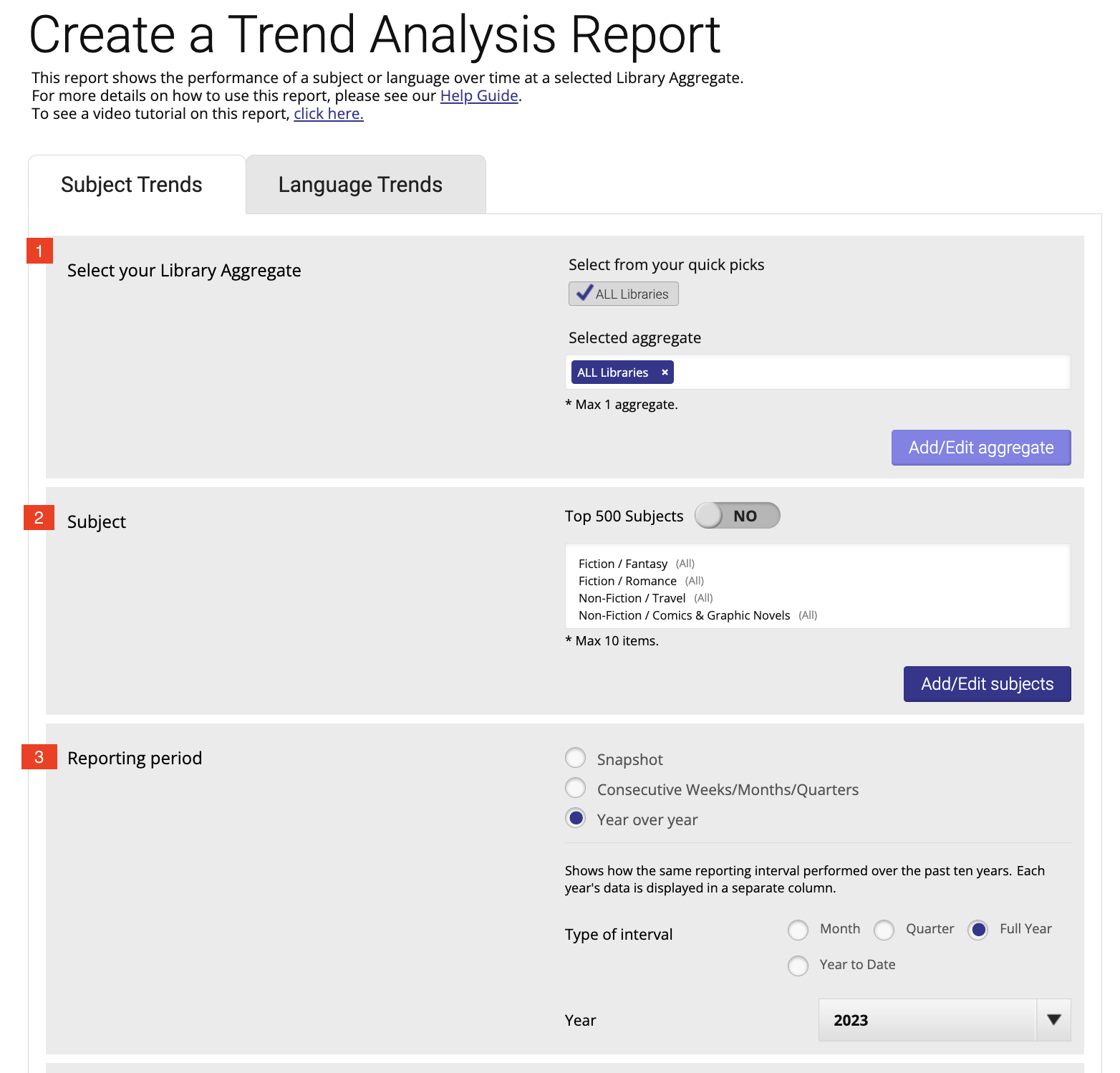 Screenshot showing the steps of pulling a Trend Analysis report.