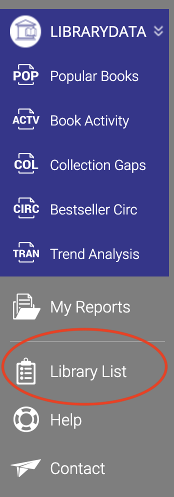 Screenshot showing the library list in the LibraryData menu.