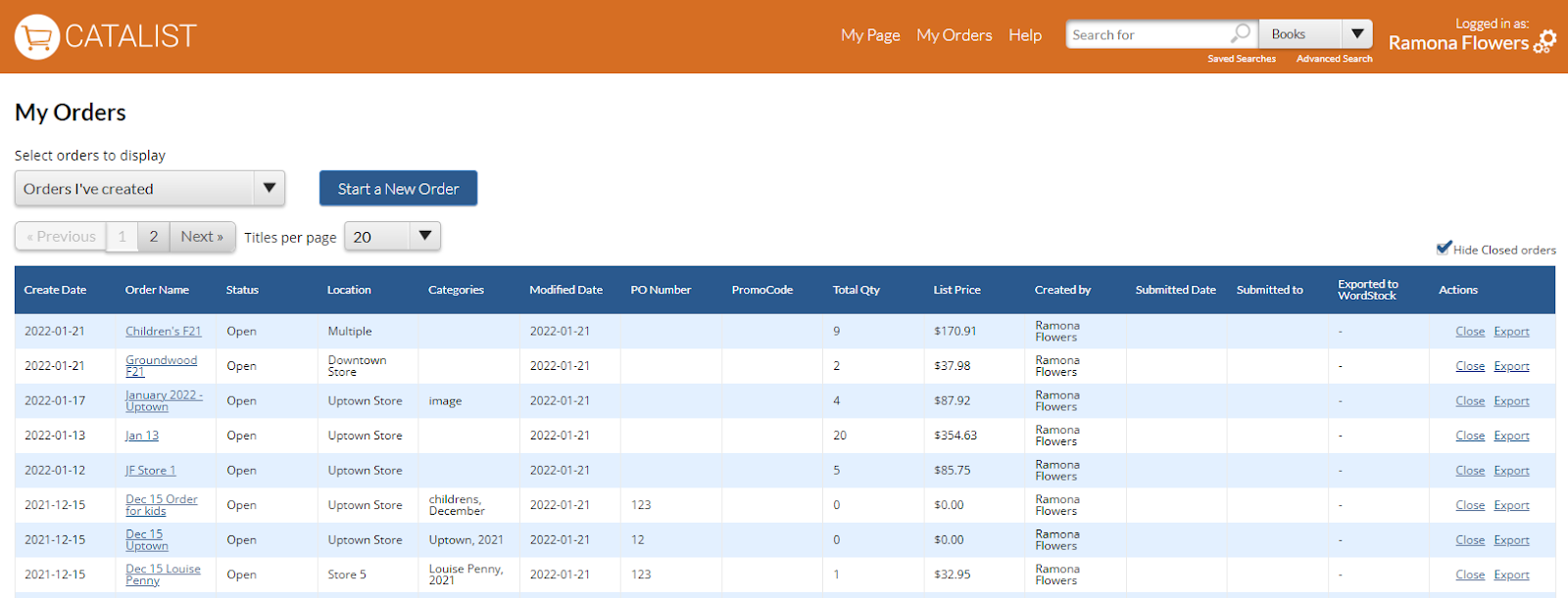 Screen capture of CataList showing an example of how orders are displayed in a user’s account.