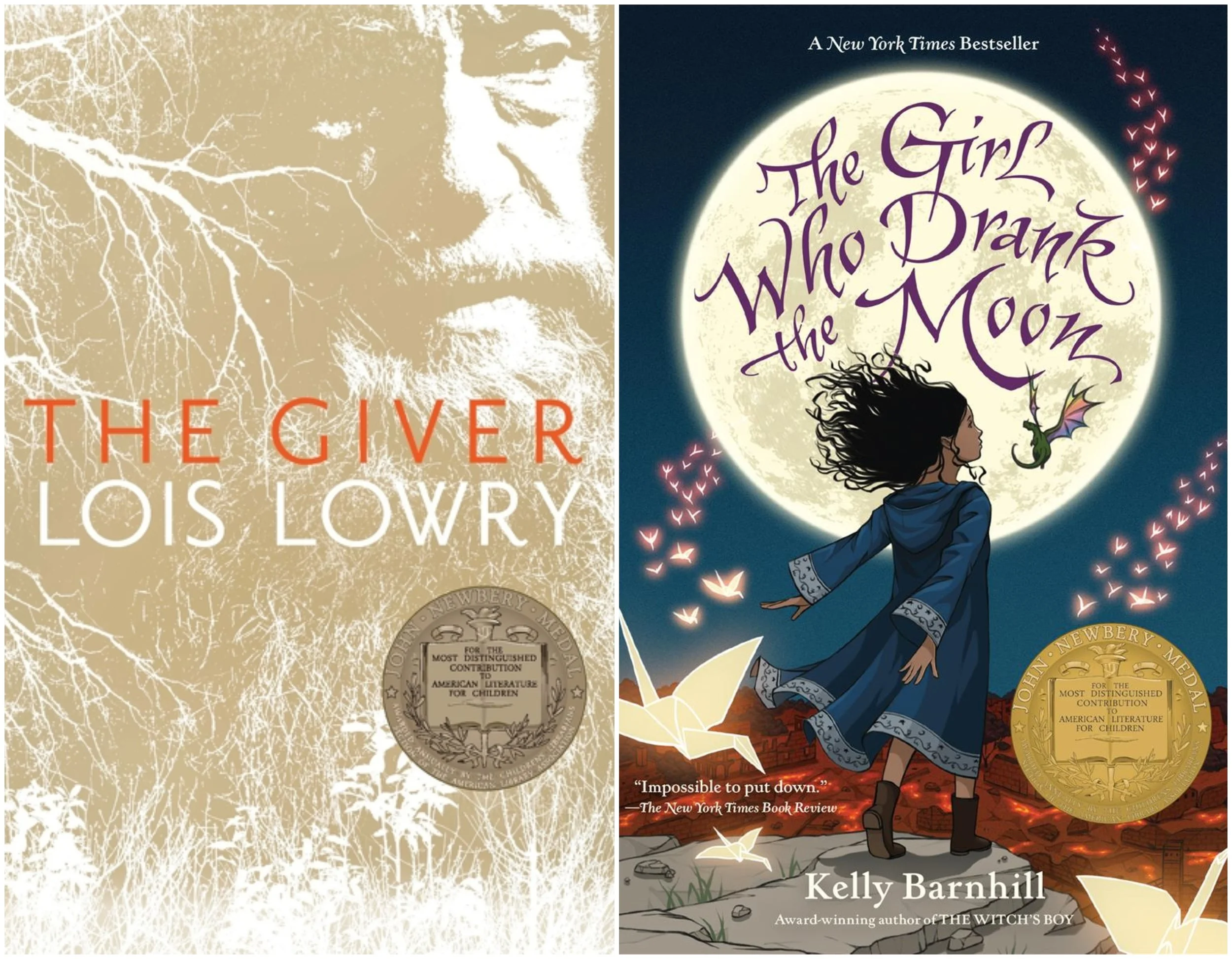 Covers of The Giver by Lois Lowry & The Girl Who Drank the Moon by Kelly Barnhill