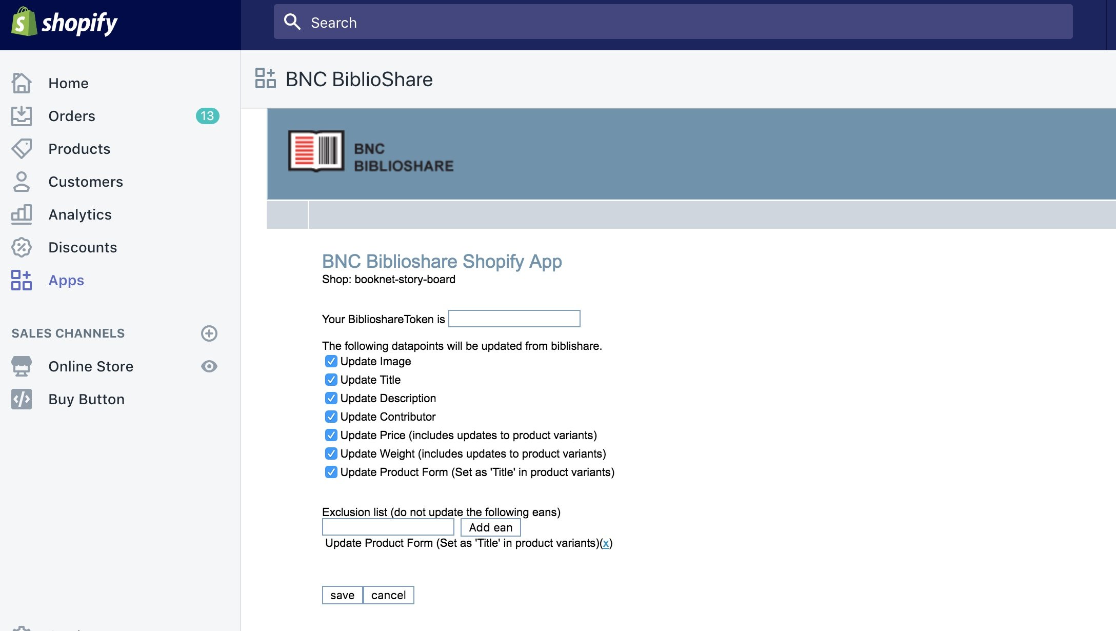 Screen capture of the Shopify admin dashboard showing the BiblioShare Shopify App