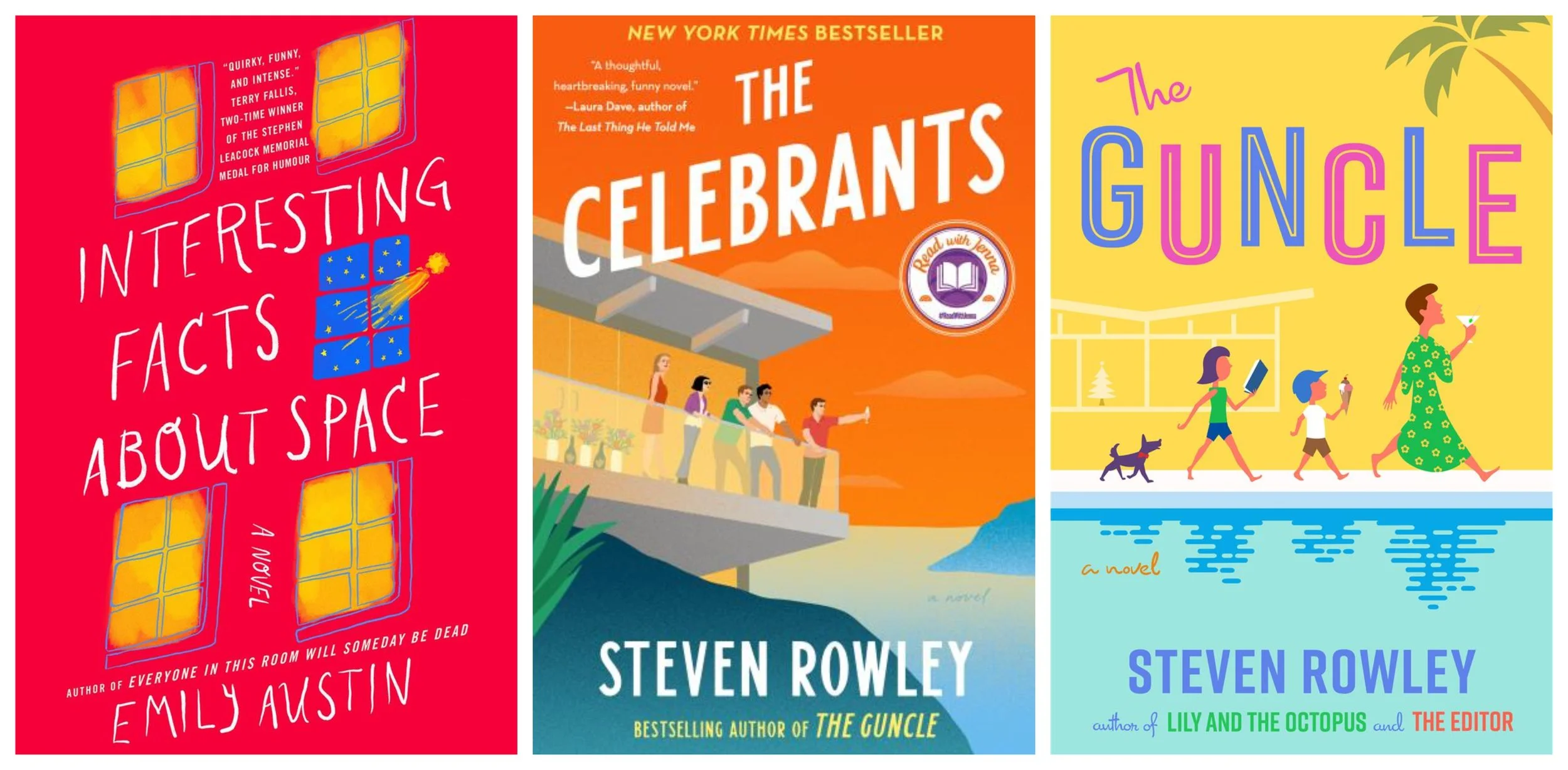 Collage of book covers: Interesting Facts about Space by Emily Austen; The Celebrants by Steven Rowley; The Guncle by Steven Rowley.
