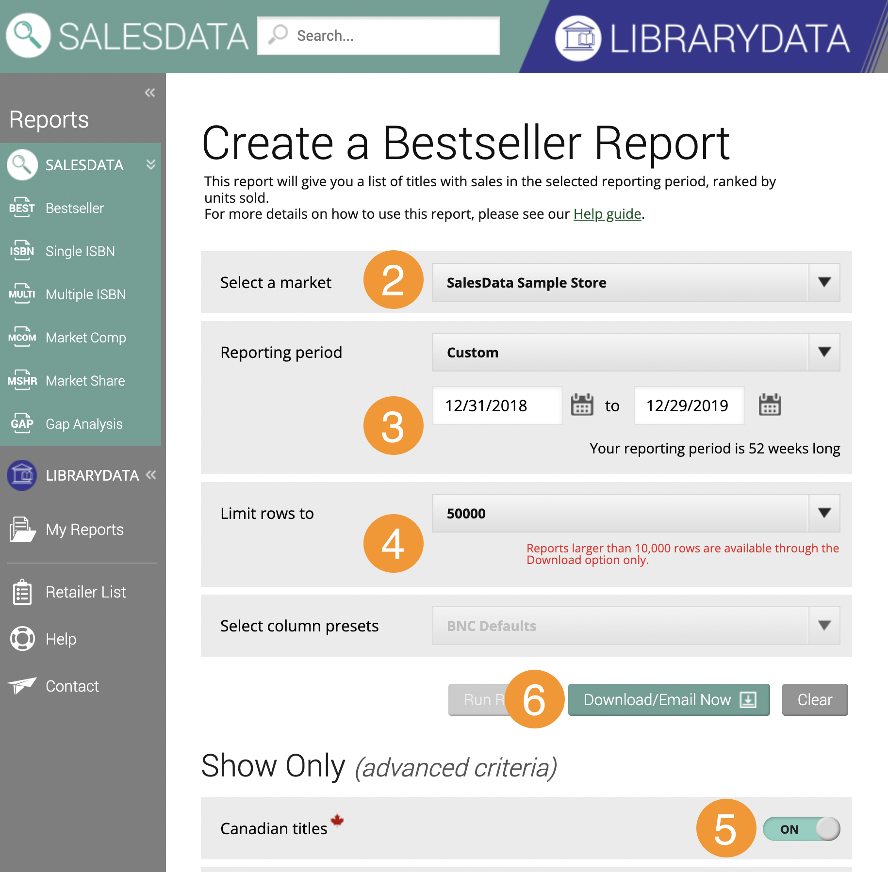 A screenshot of the Bestseller Report criteria screen on the SalesData.ca, showing the steps outlined below.