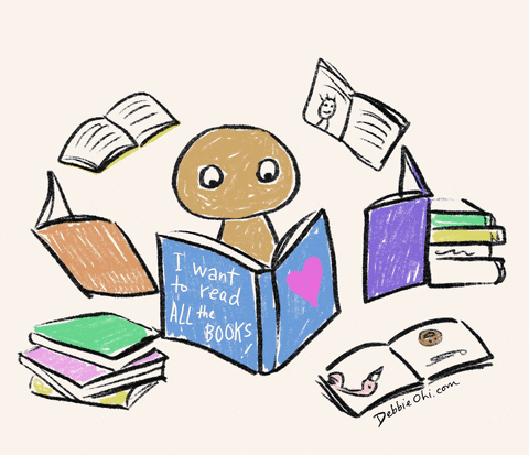 Animated GIF of a cartoon reading multiple books at the same time. The cover of one of the books says "I want to read all the books".