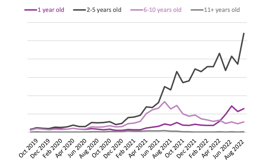Line graph showing the aggregated library holds of the 20 books month-by-month by age group (according to publication date) from September 2019 to August 2022.