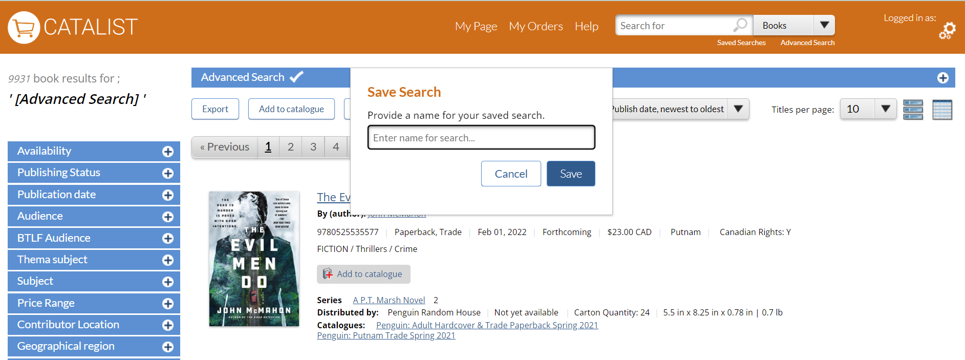 Screen capture of CataList featuring the Save Search feature