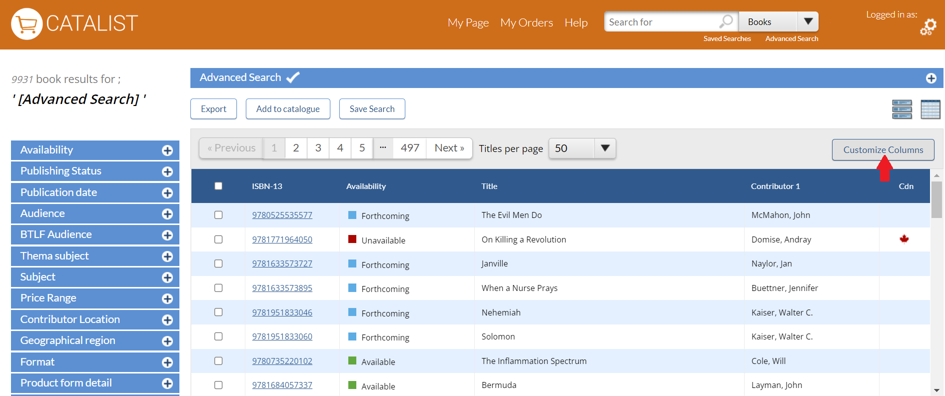 Screen capture of a CataList result page in grid view, highlighting the new Customize Columns feature
