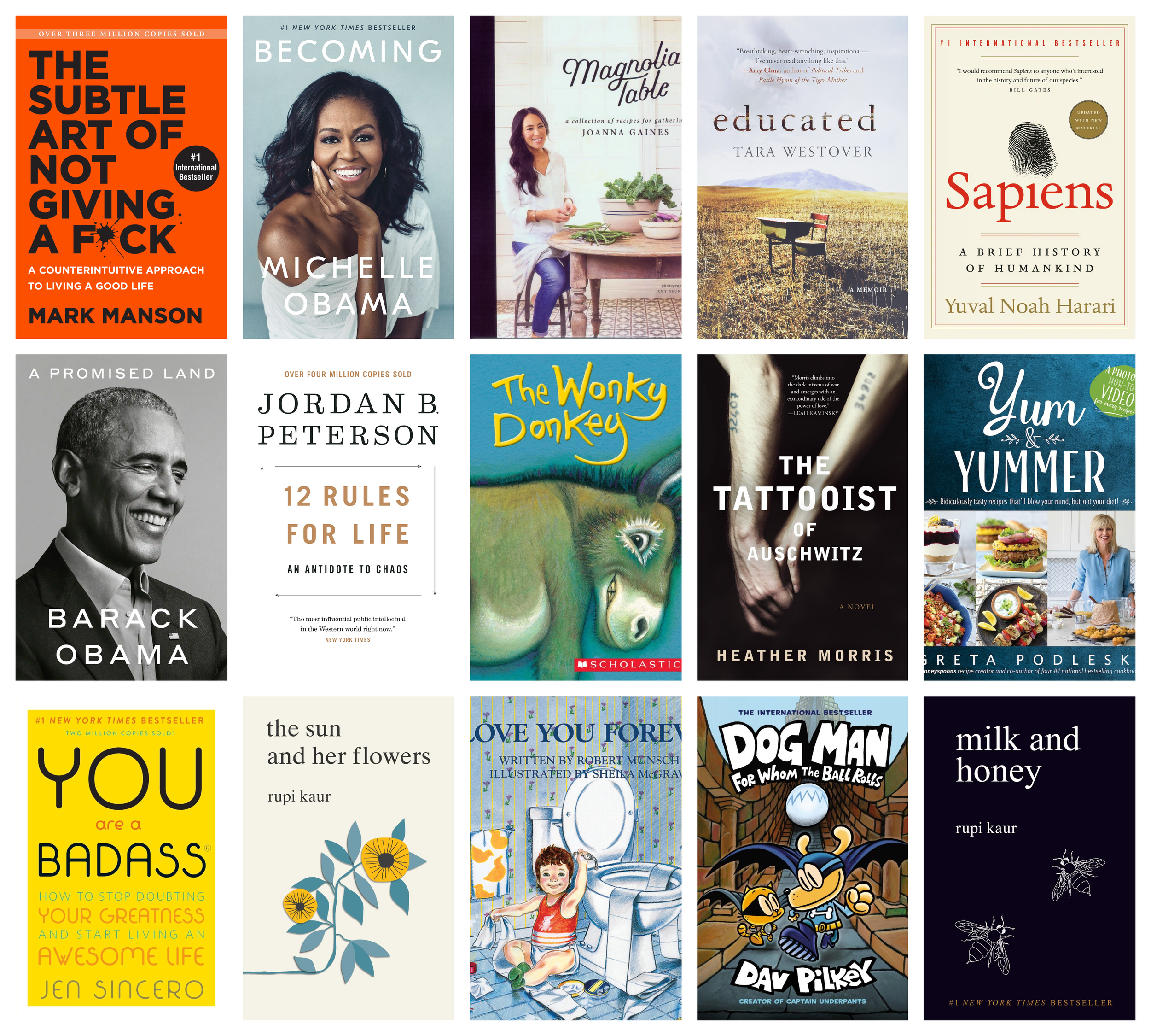 Collage of covers of the 15 bestselling print books in the last five years (2017-2021) in Canada
