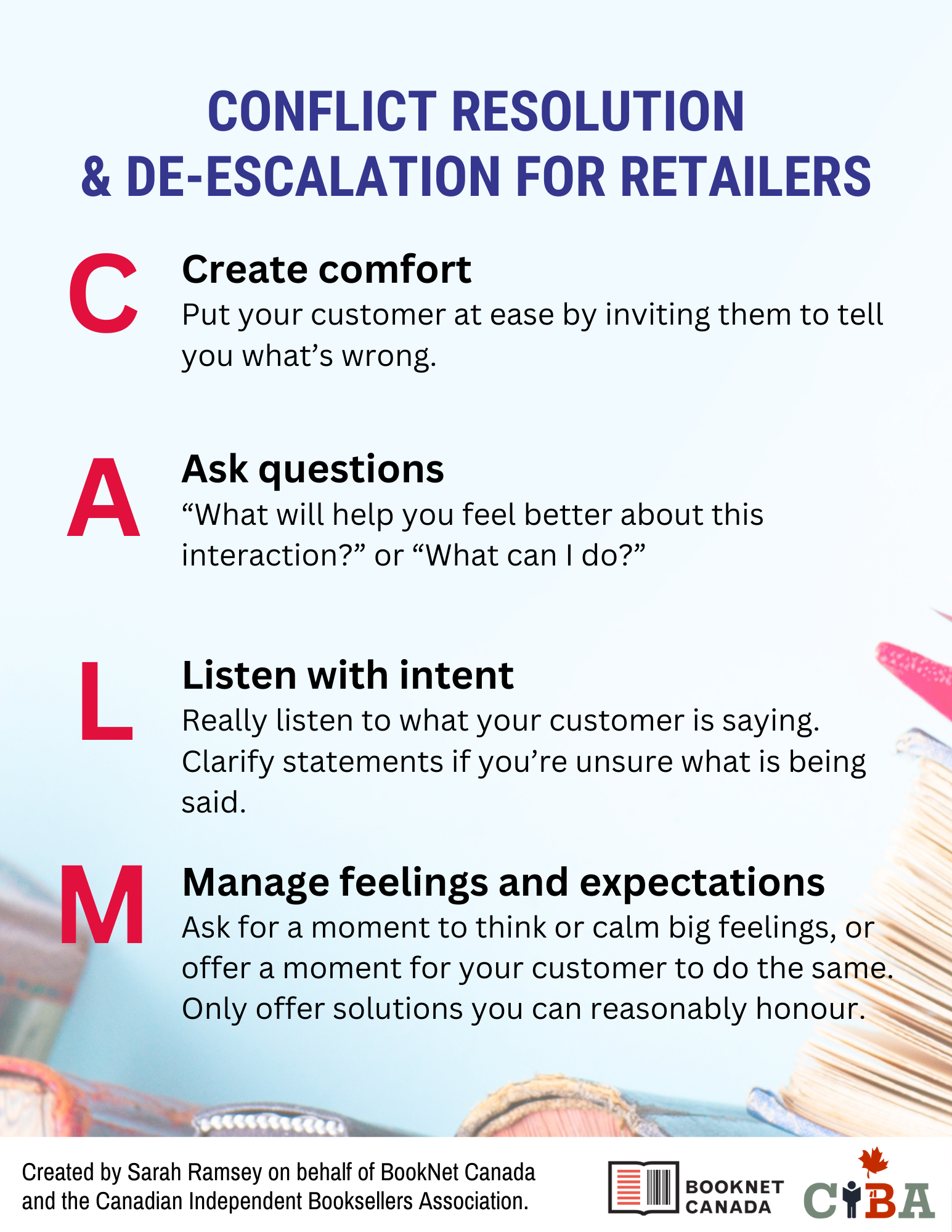 Conflict Resolution & Deescalation for retailers poster. CALM. Create comfort. Ask questions. Listen with intent. Manage feelings and expectations. Created by Sarah Ramsey on behalf of BookNet Canada and CIBA.