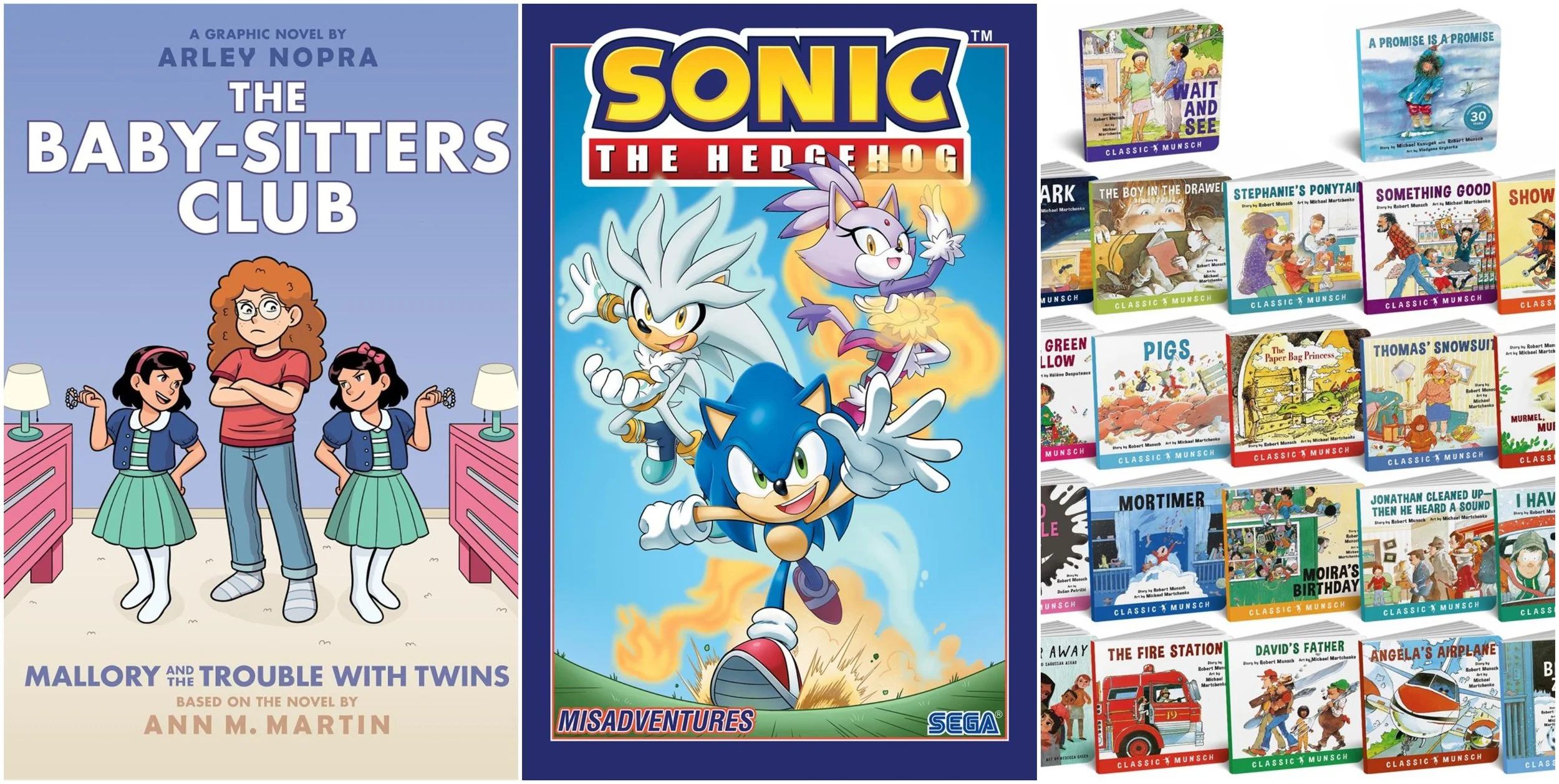 Book cover collage of The Baby-sitters Club series by Ann M. Martin, Sonic the Hedgehog series by Ian Flynn, Robert Munsch collection.