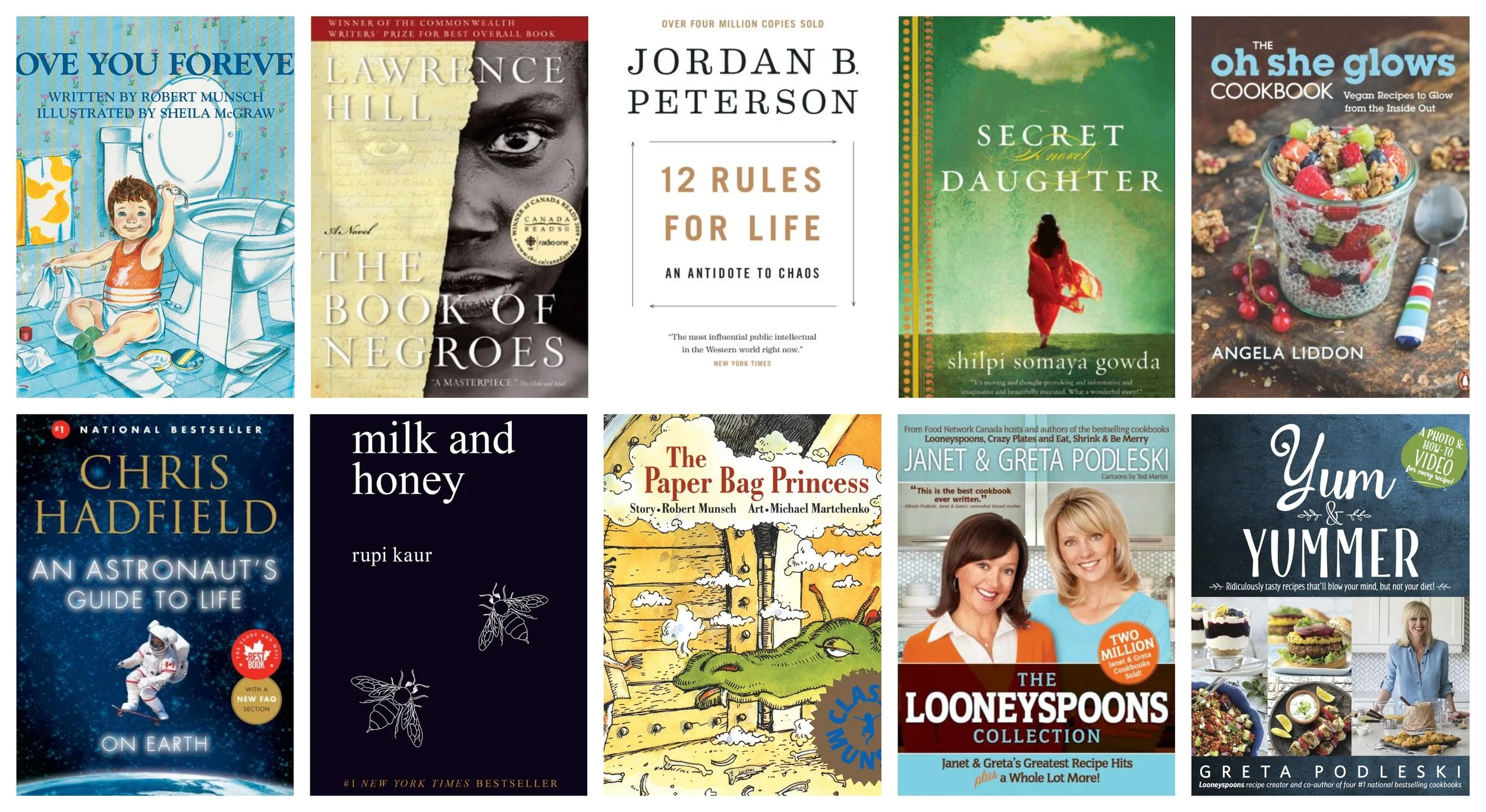 Collage of covers of the top 10 Canadian-authored titles sold in Canada since SalesData started tracking sales of print books in the English-language market