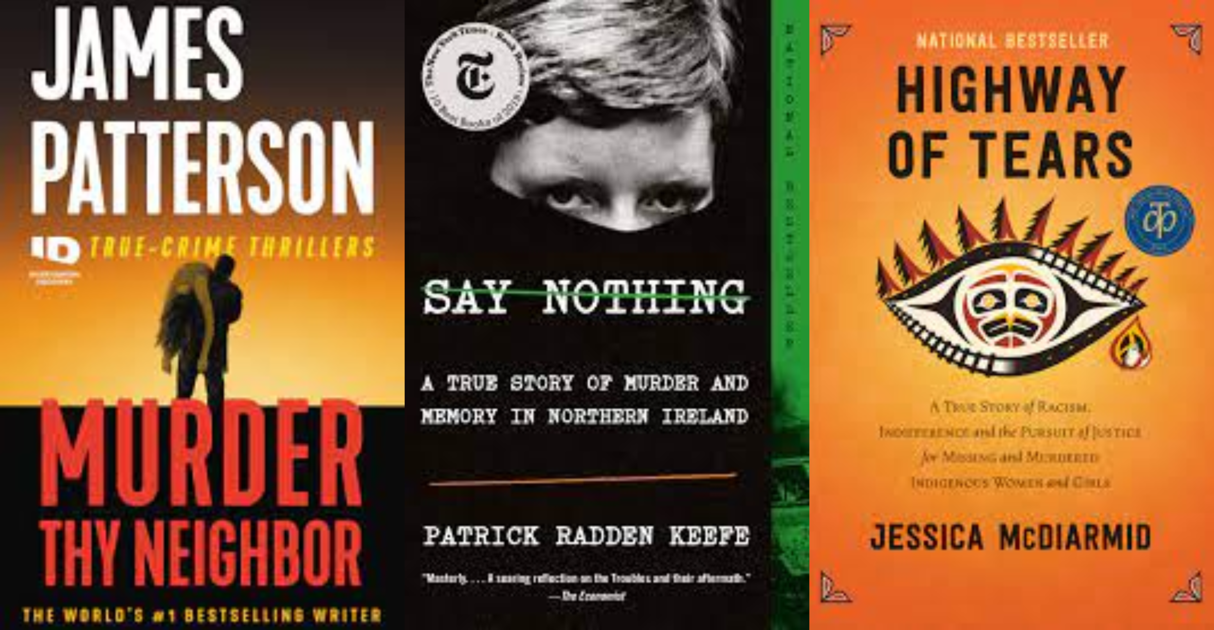 Collage featuring the covers of Murder Thy Neighbor by James Patterson, Say Nothing by Patrick Radden Keefe, and Highway of Tears by Jessica McDiarmid