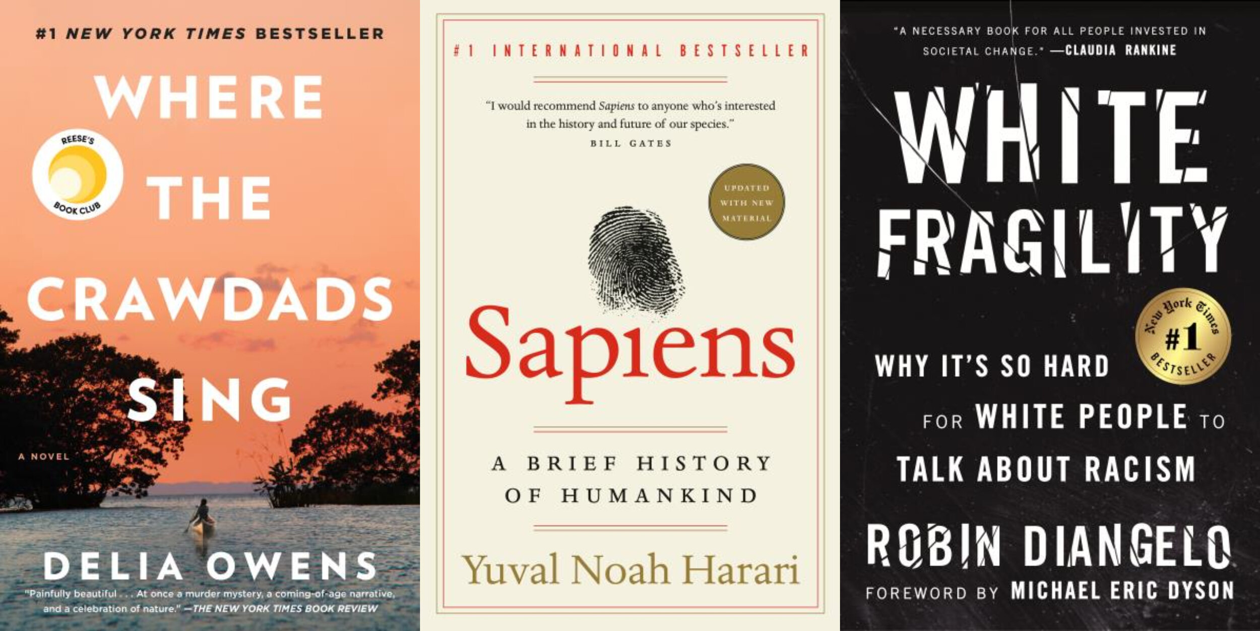 Book covers for Where the Crawdads Sing by Delia Owens, Sapiens by Yuval Noah Harari, and White Fragility by Robin DiAngelo