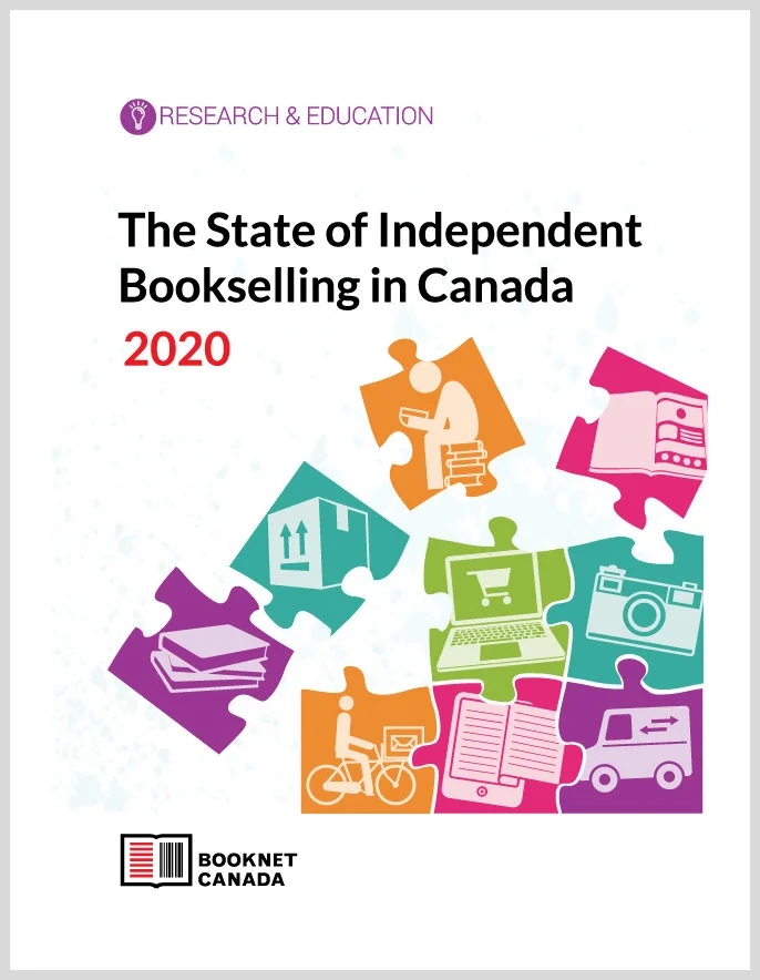 The State of Independent Bookselling in Canada 2020 cover. Puzzle pieces with icons of various book-related imagery.