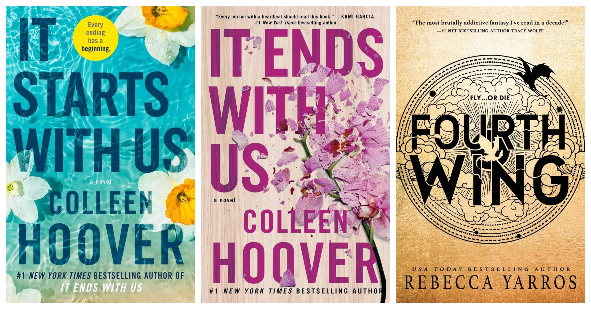 Collage of covers of It Starts with Us by Colleen Hoover, It Ends with Us by Colleen Hoover, and Fourth Wing by Rebecca Yarros.